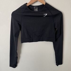 Gymshark Women's L Crop Top Black Vital Seamless Long Sleeve Shirt Thumbholes